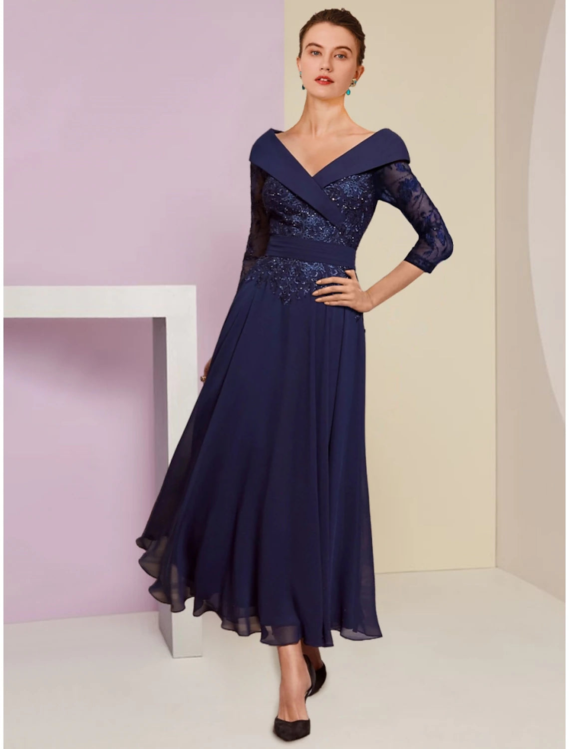 A-Linie Kleid für die Mutter der Braut, Hochzeitsgast, elegant, V-Ausschnitt, knöchellang, Chiffon, 3/4-Ärmel, mit Spitzenfalten, Pailletten